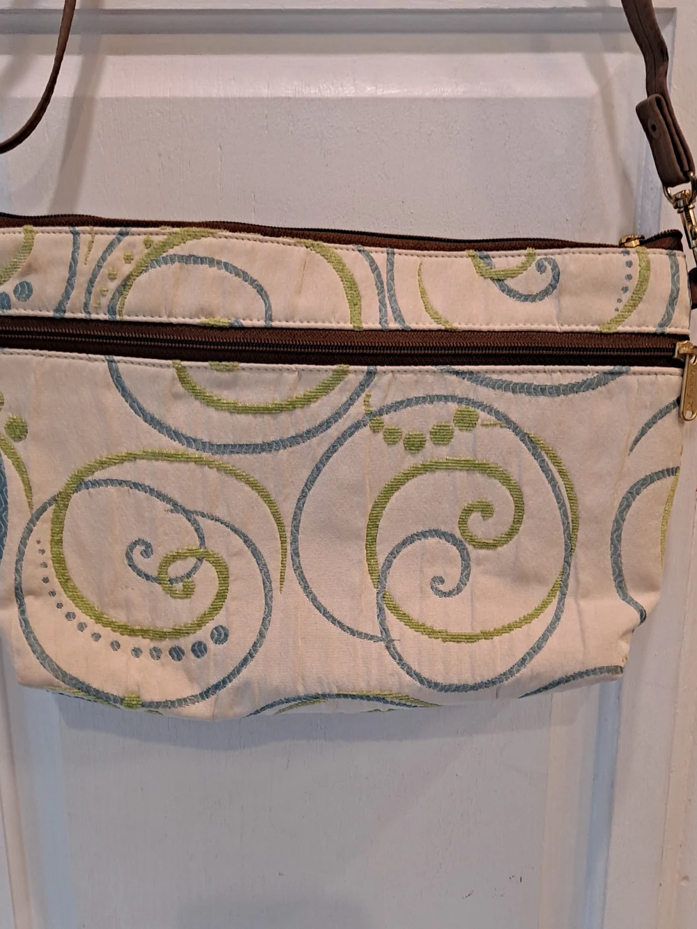 DANNY K. Cream Canvas Crossbody Green & Blue Embroidered Abstract Swirl Accents